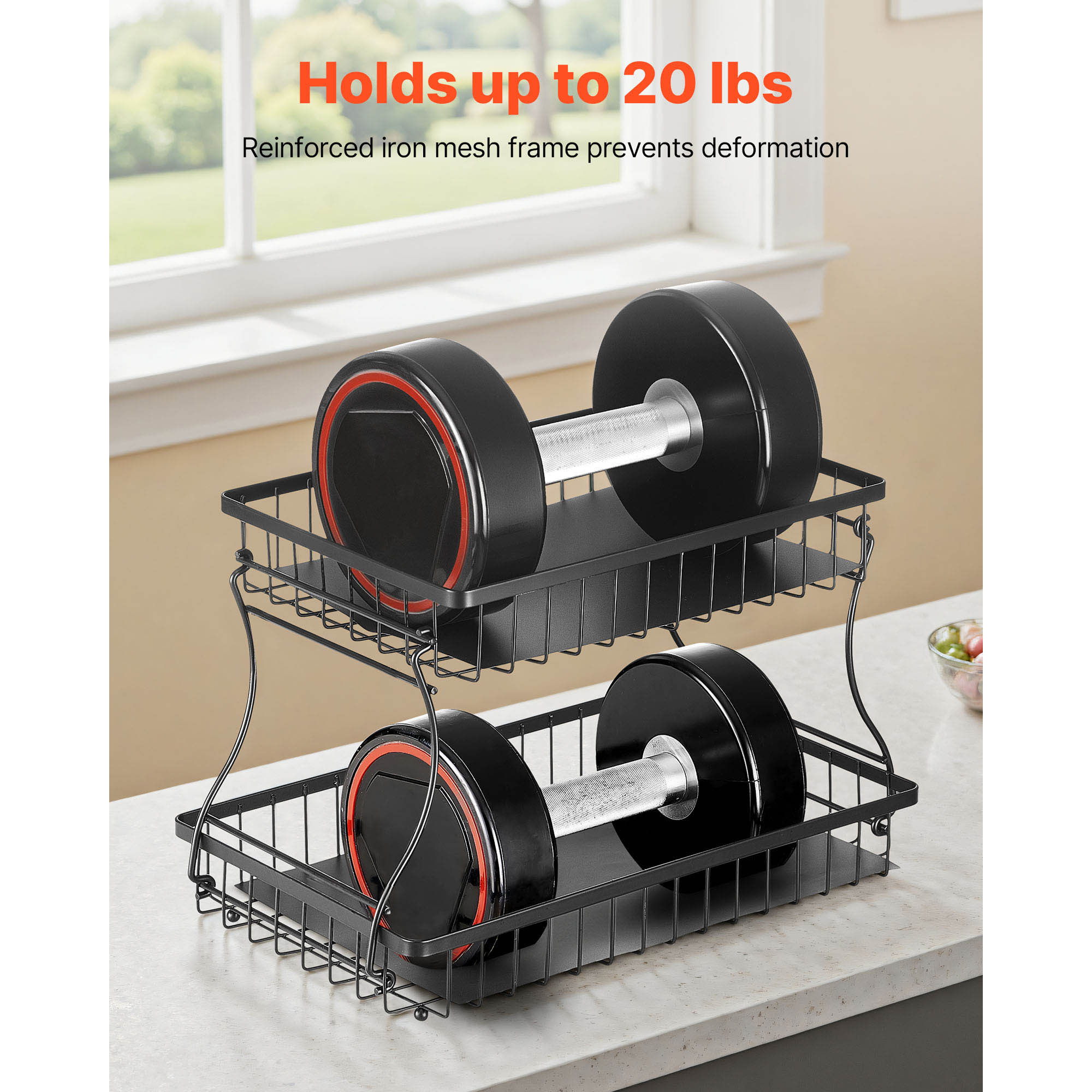 2 Tier Fruit Basket Stand With Banana Hanger For Kitchen Worktop_voghion.com